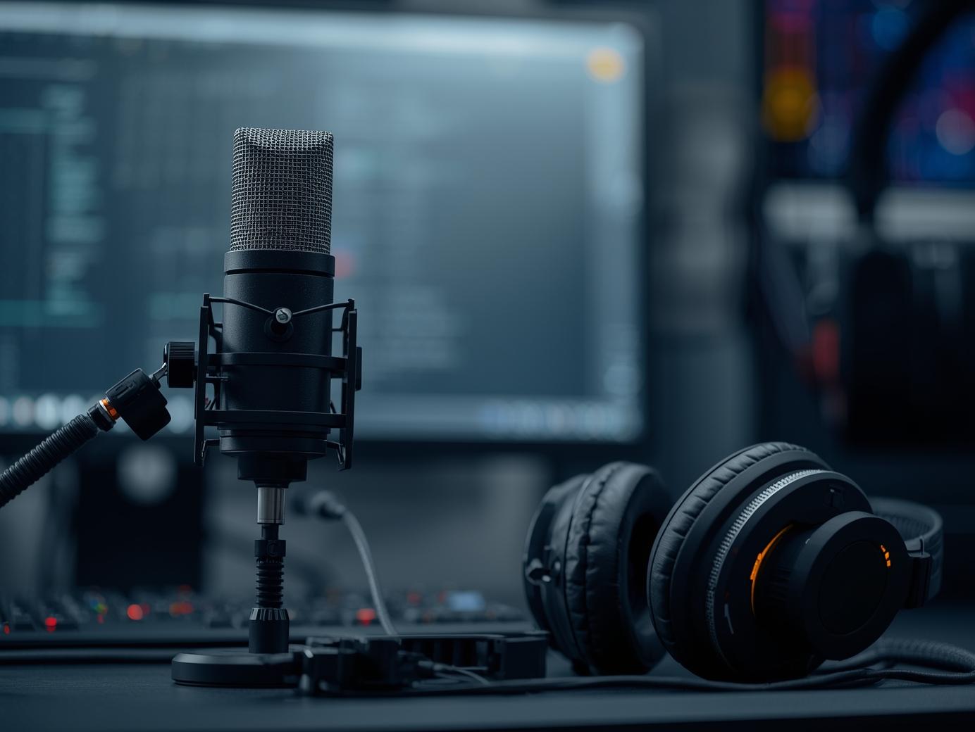 necesito crear una imagen como si fuera una foto, que represente un streaming con microfono y auricular, bien tech IT
