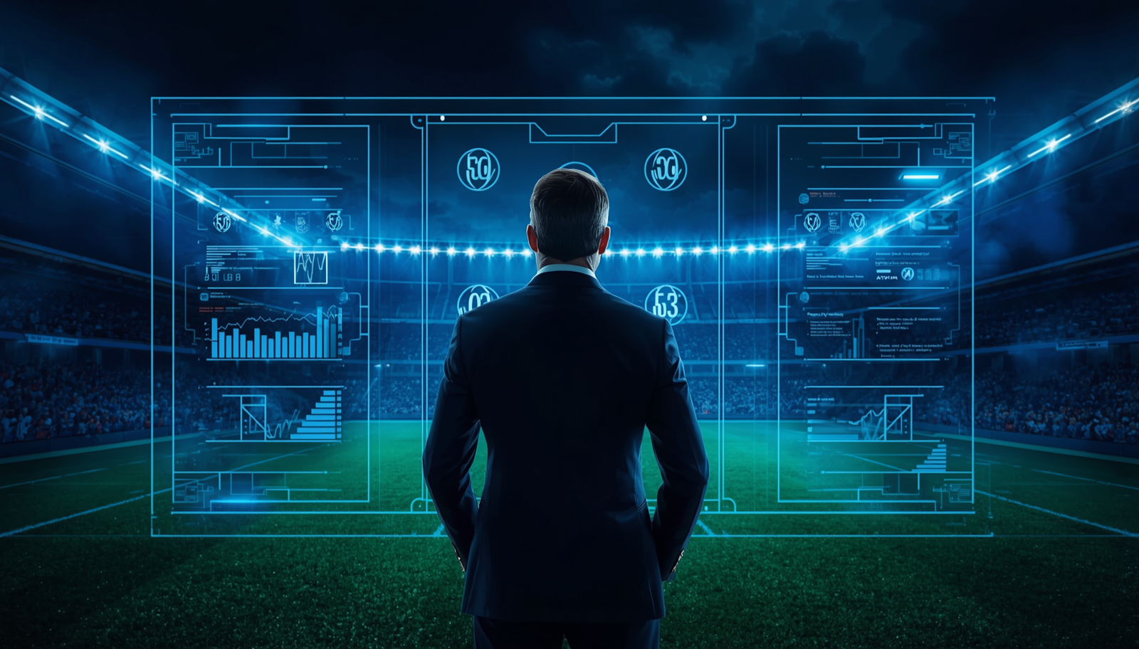 Director técnico con pizarra táctica digital y gráficos de datos analizando estrategia de negocio en un estadio